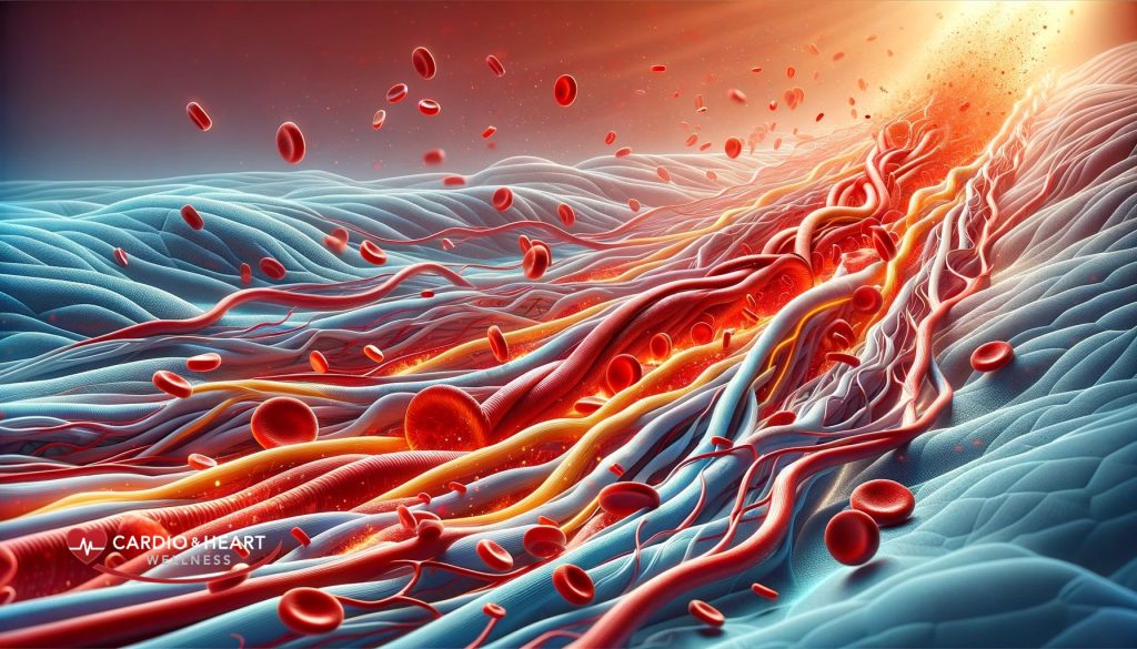 Illustration of blood vessels with flowing blood representing the impact of nitric oxide on blood flow regulation