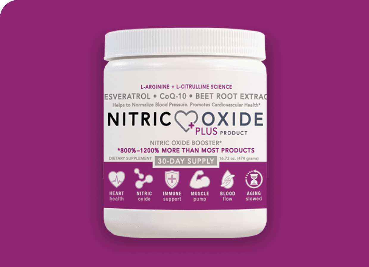 Nitric Oxide supplement jar on purple background.