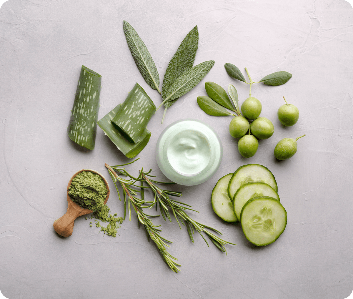Natural skincare ingredients on textured background