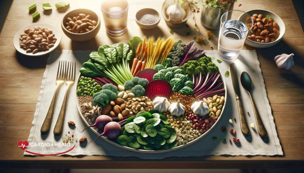 illustration-of-a-plate-of-nitrate-rich-foods-l-arginine-sources-for-enhancing-nitric-oxide-synthesis - Cardio & Heart Wellness Illustration of plate of nitrate-rich foods and L-arginine sources for enhancing nitric oxide synthesis