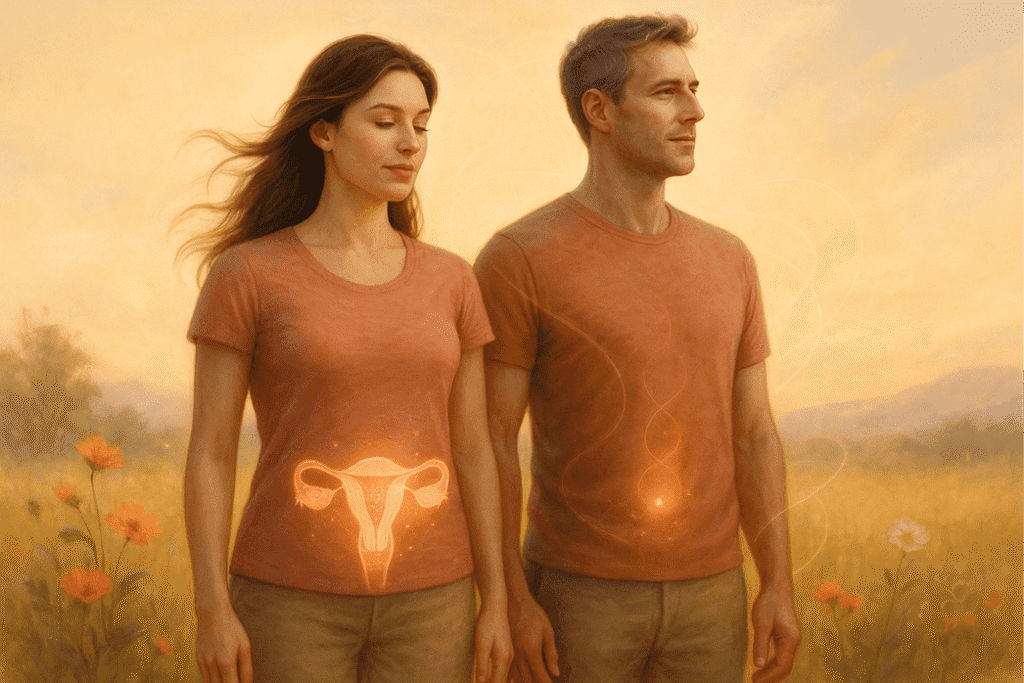 Couple in field with glowing symbols