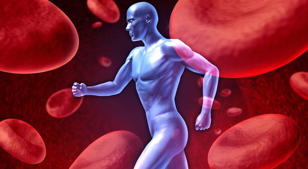 Blue figure running among red blood cells.