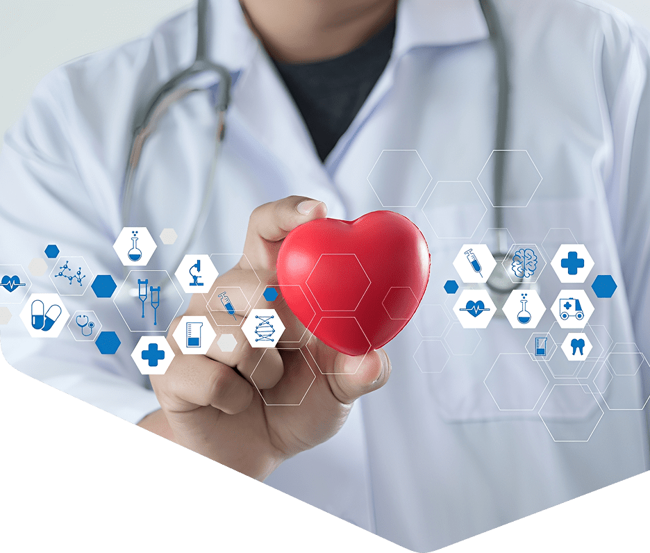 Doctor holding heart with medical icons.