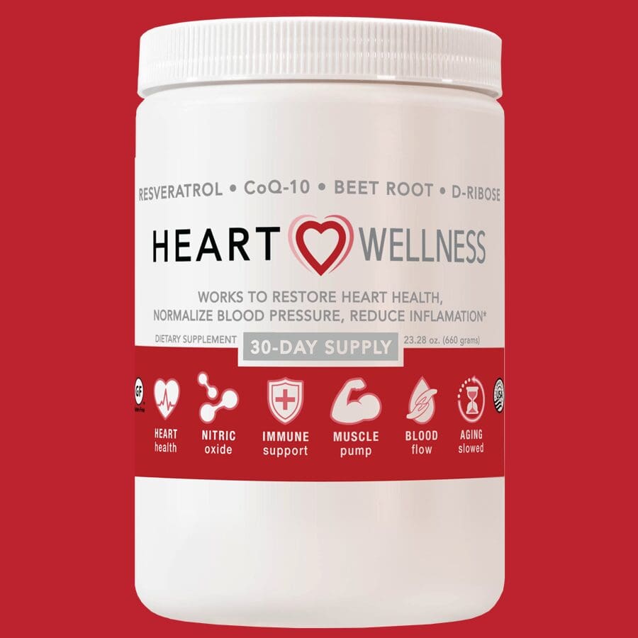 Heart Wellness supplement jar on red background